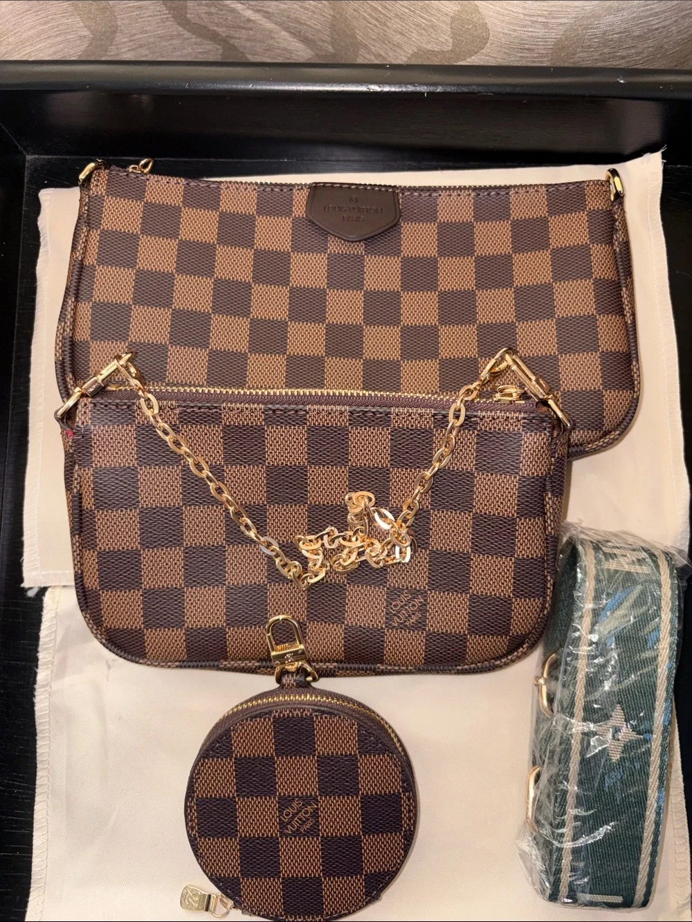 Brown Multi-Piece Crossbody Set with Green Strap